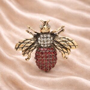 Gold Bee Brooch with Red and Clear Crystals